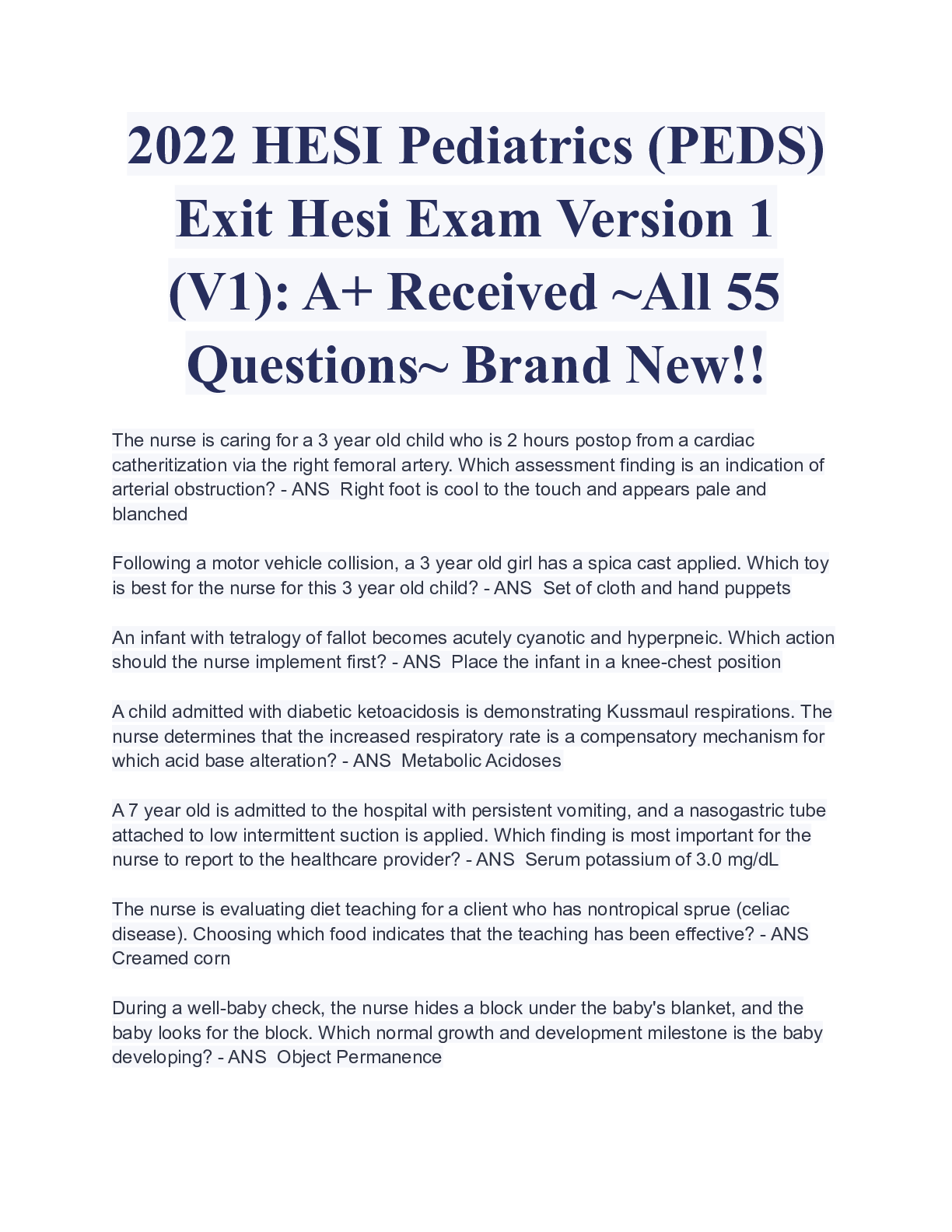 Preview image for 2022 Nursing_knowledge_Assessment_Practice_Exam Pediatrics (PEDS) Exit Hesi Exam Version 1 (V1): A+ Received ~All 55 Questions~ Brand New!!